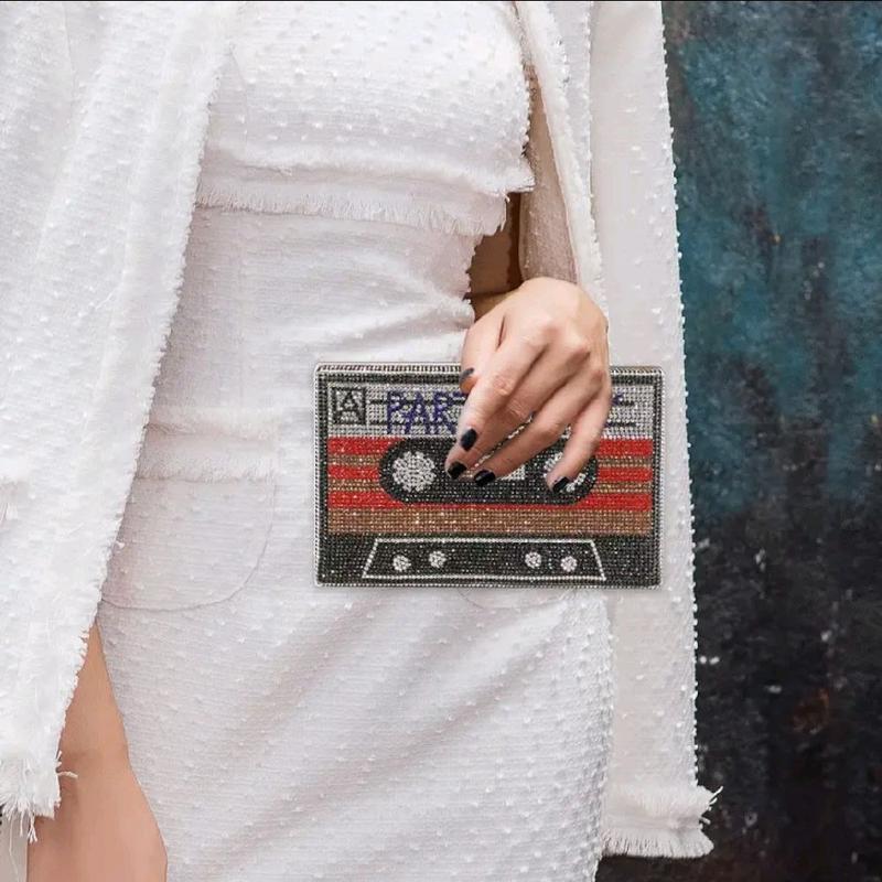 Retro Rhinestone Cassette Tape Design Evening Bag Party Mix Perfect for Night Out or Gift 20s Rock & Party Mix Styles