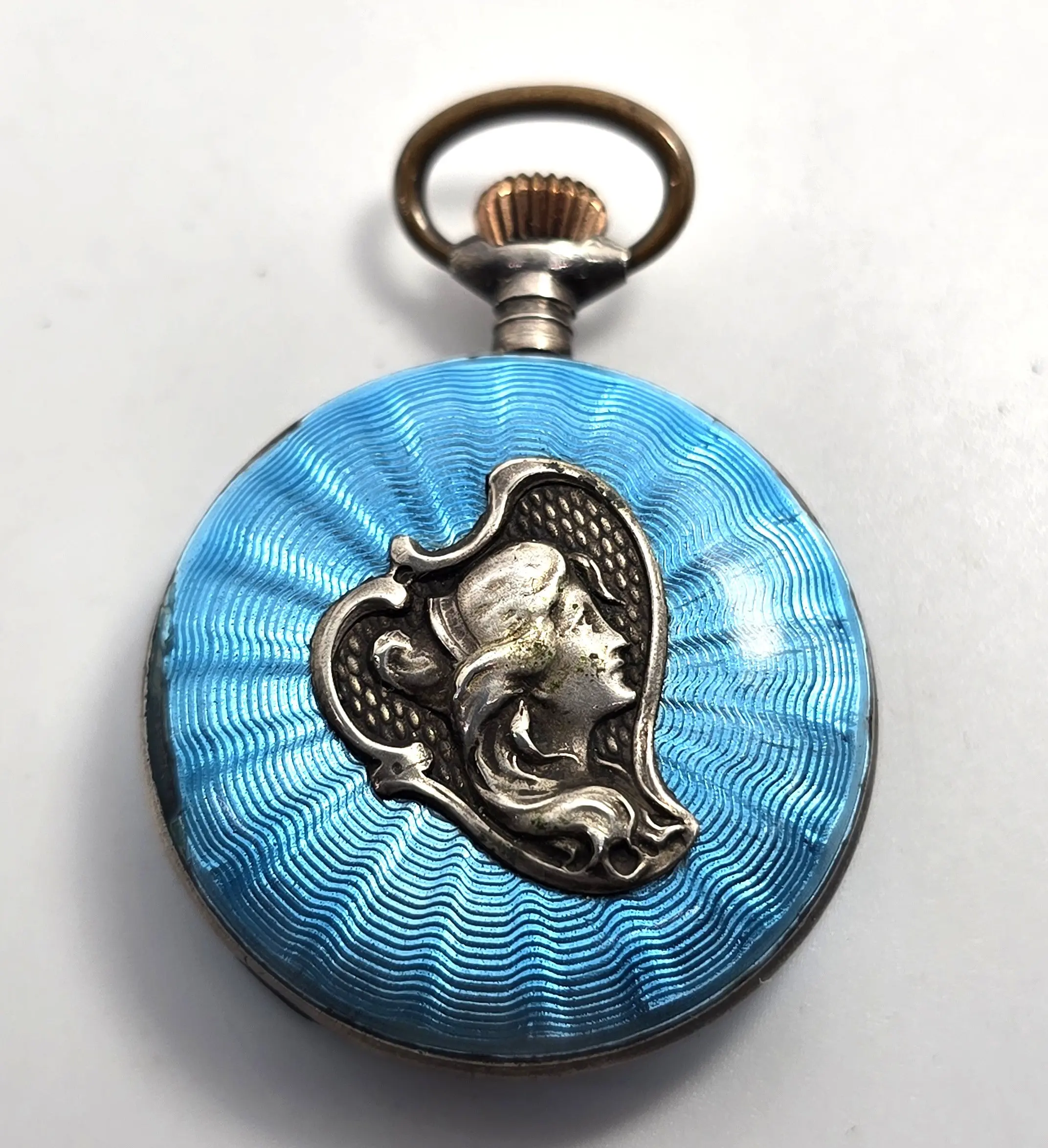 Guilloche bright blue nymph sterling silver antique winding pocket watch