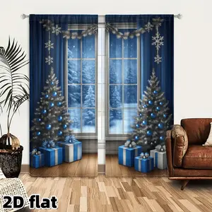 2D Flat 2Pcs Christmas Winter Wonderland Curtains, Silver Snowflake Garland, Blue Night Scene, Small Trees with Ornaments, Gift Box Pattern, Rod Pocket Style, Semi Sunshade Polyester Fiber, Room Decor Curtain