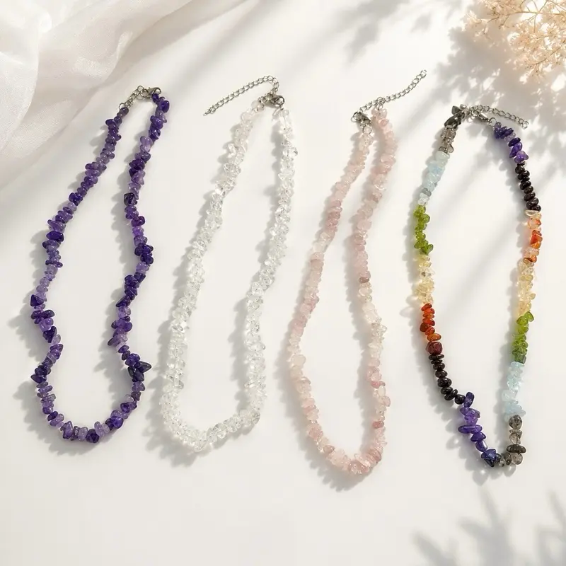 Crystal Chip Gemstone Puka Necklace Adjustable Boho Beach Necklace Amethyst Clear Quartz Rose Quartz Chakra Healing Crystal Jewelry