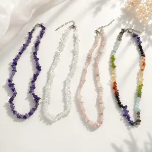 Crystal Chip Gemstone Puka Necklace Adjustable Boho Beach Necklace Amethyst Clear Quartz Rose Quartz Chakra Healing Crystal Jewelry