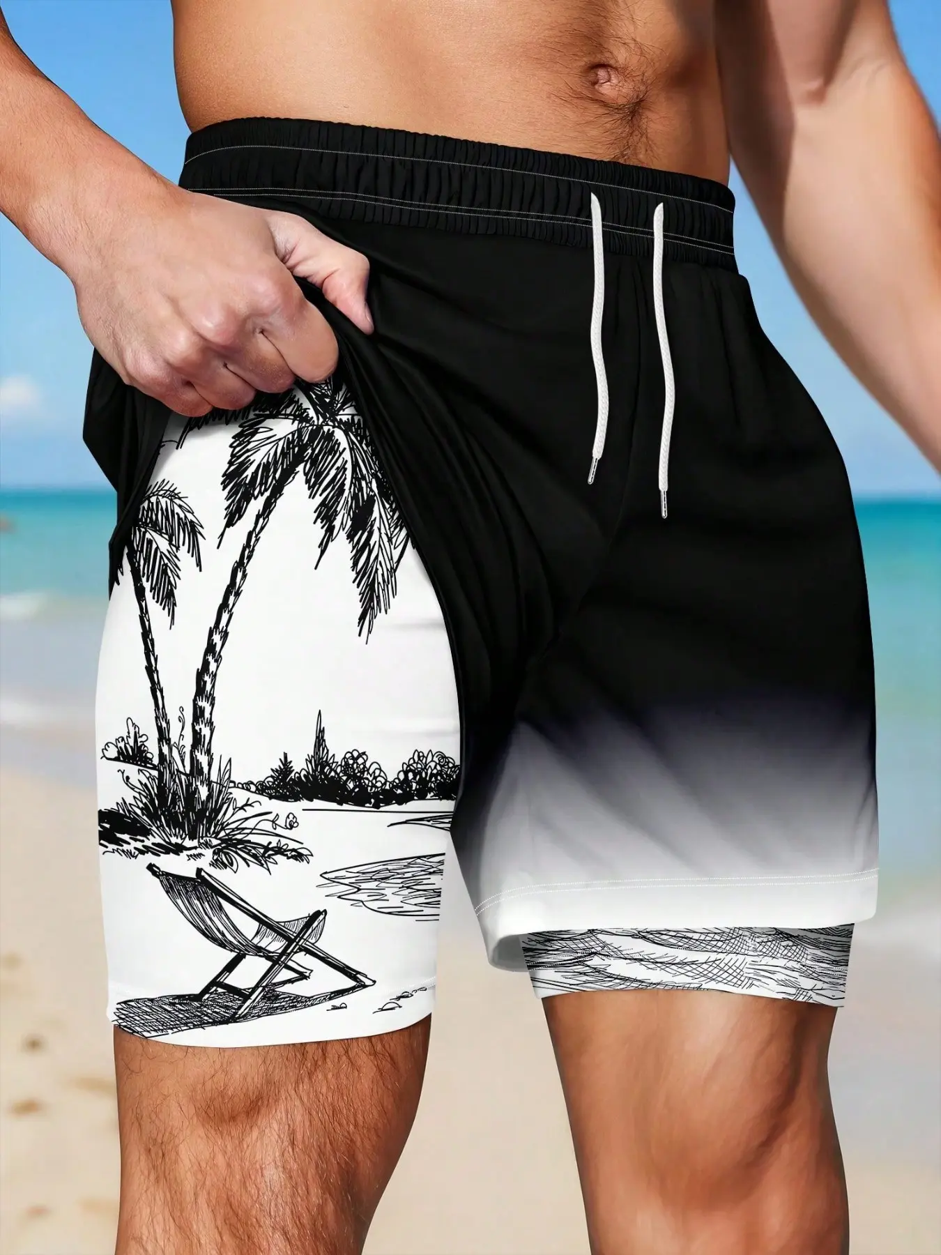 Men's Gradient Coconut Tree Print Beach Shorts, Casual Fitted Style, Breathable Double-Layer Design, Ideal for Surfing & Vacation, Swimming Shorts, Summer Swim Bottoms, Swimwear Shorts, Swimsuit Shorts, Beach Pool Wear