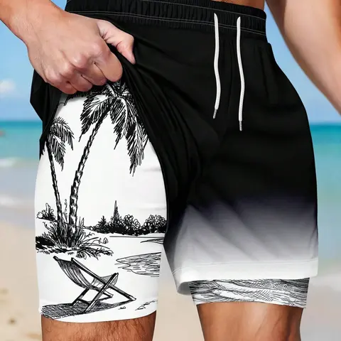 Men's Gradient Coconut Tree Print Beach Shorts, Casual Fitted Style, Breathable Double-Layer Design, Ideal for Surfing & Vacation, Swimming Shorts, Summer Swim Bottoms, Swimwear Shorts, Swimsuit Shorts, Beach Pool Wear