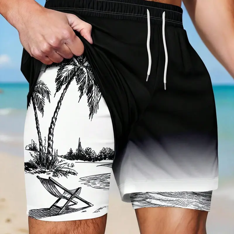 Men's Gradient Coconut Tree Print Beach Shorts, Casual Fitted Style, Breathable Double-Layer Design, Ideal for Surfing & Vacation, Swimming Shorts, Summer Swim Bottoms, Swimwear Shorts, Swimsuit Shorts, Beach Pool Wear
