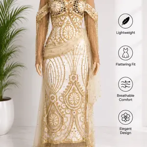 Lady's Formal Wear Lace Party Gown - Gold Embroidery, Fringe Details, Elegant Fabric for Special Occasions