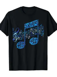 Men'S & Women'S Music Lover T-Shirt - Black with Blue & White Treble Clef, Musical Notes & Rhinestone Graphic - Soft Breathable Cotton Crew Neck Tee - Regular Fit Casual Shirt for Musicians, Birthday Gifts, Musician Apparel - Machine Washable Everyday & P