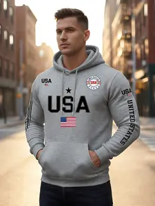USA flag print hoodie men's fleece sweatshirt, United States letter print unisex casual knit fabric pullover for students and couples fashion hoodie for autumn and winter, 2026 spring pullover hooded sports hoodie