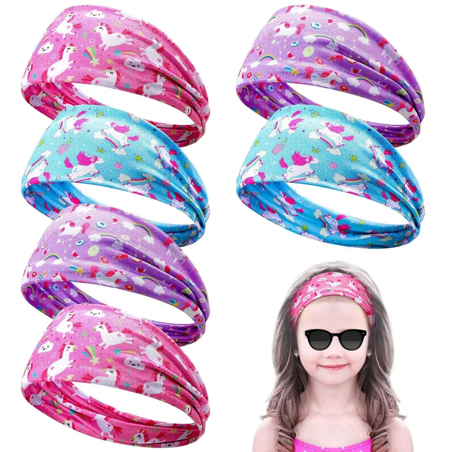 6-Piece Unicorn Hair Accessory Set, Wide Rainbow Turban Headbands for Girls, Soft Elastic No-Slip Fabric for Kids & Toddlers Party Favors, Colorful Hair Accessories, Elastic Hair Accessory