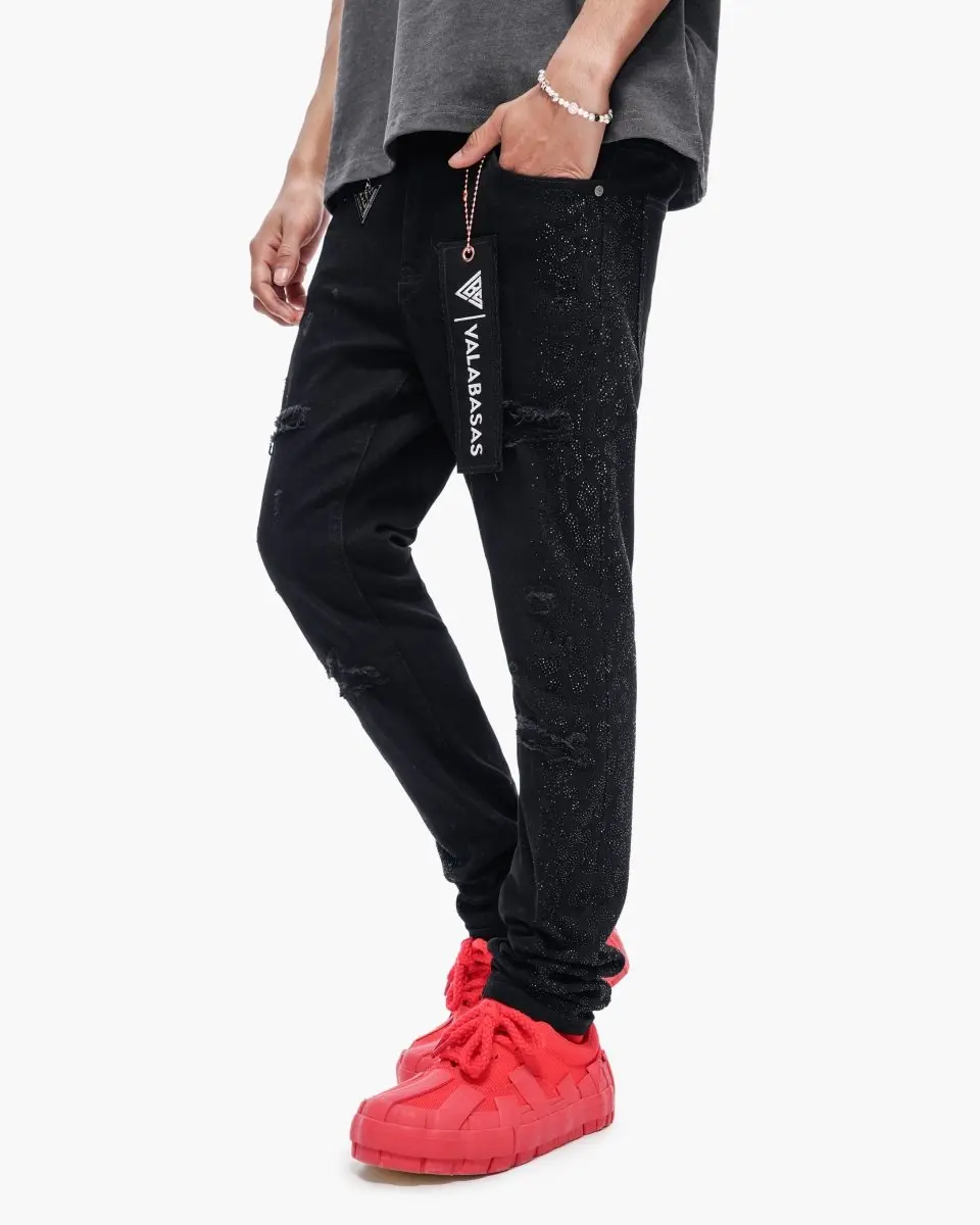 Men's Skinny Fit Jeans, Jet Black Distressed Stretch Denim with Rhinestone Accents and 5-Pocket Styling, Spandex, Menswear, True Size