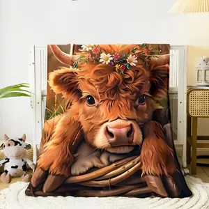 1pc Warm Modern Cute Highland Cow Print Flannel Blanket, All Seasons Multipurpose Blanket For Room Decor, Sofa, Travel And Nap - Great Gift For Family And Friends, Man Woman Gift
