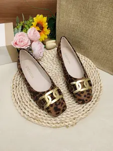 Elegant Leopard Print Square Toe Flat Shoes for Women, Metal Chain Buckle Design, Comfortable Slip-On, All-Season Casual Footwear