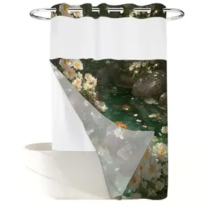 1PC 2D Flat Chinese Style Koi Water Lily Shower Curtain, Zen Pond Floral Design, Waterproof Detachable Liner Bathroom Curtain (No Hooks)