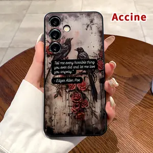 Straight Edge Phone Case Compatible with Samsung Galaxy S23 Ultra S24 Plus S25 S22+ Ravens and Roses Pattern Pocket-Friendly Shockproof Silicone Protective SoftCase