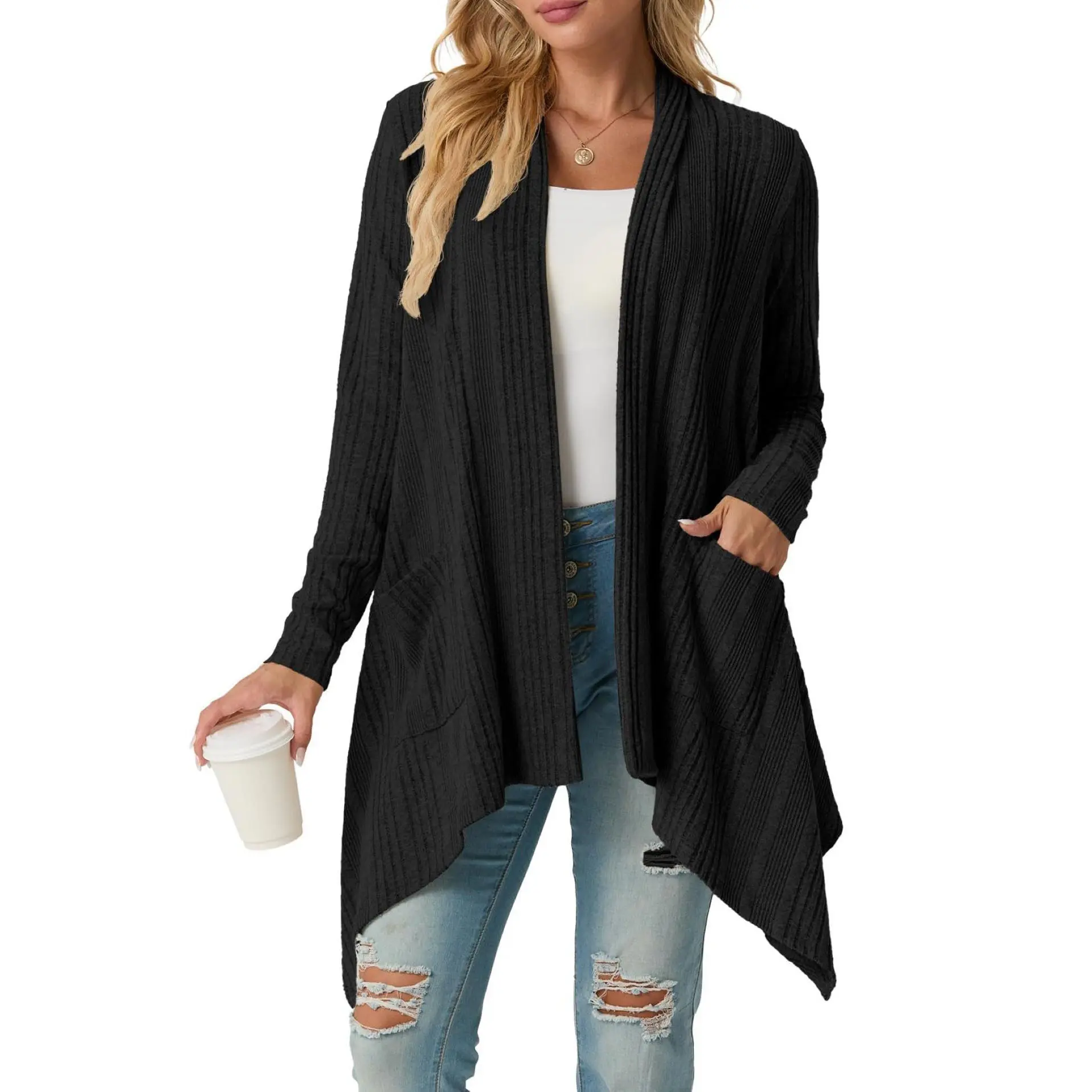 GRECERELLE Women's Long Sleeve Lightweight Draped Open Front Casual Cardigan Sweater with Pockets (S-2XL)