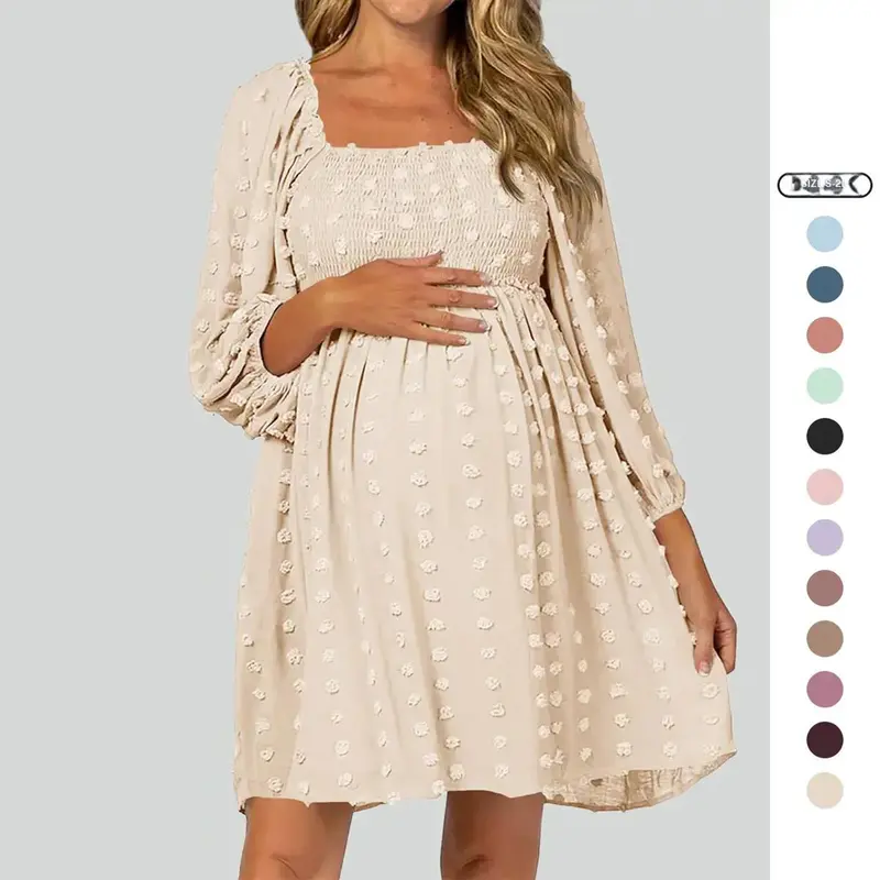 Imily Bela Women's Maternity Long Sleeve Dress Square Neck Swiss Dot Summer Casual Loose Short Dresses