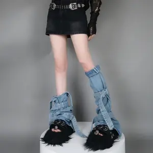 Y2K Baddie Niche Denim Leg Warmers Washed Tie-Up Stackable Socks lrregular Calf Subculture Vintage Unique Fashion Trend