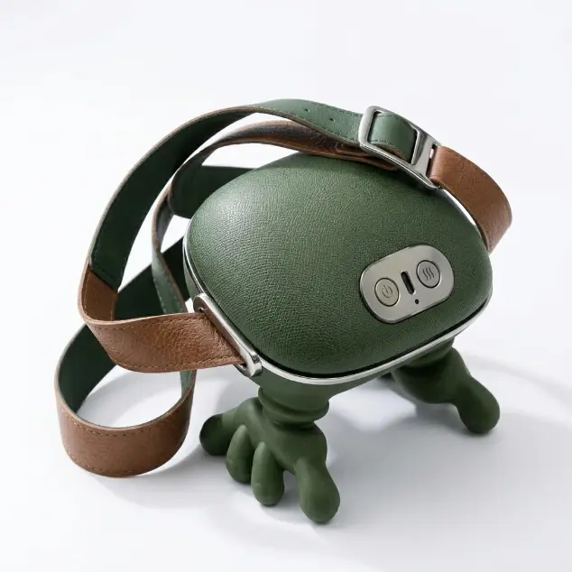 Green Frog Design Bluetooth Speaker with Brown Strap and Silver Control Panel for Portable Audio