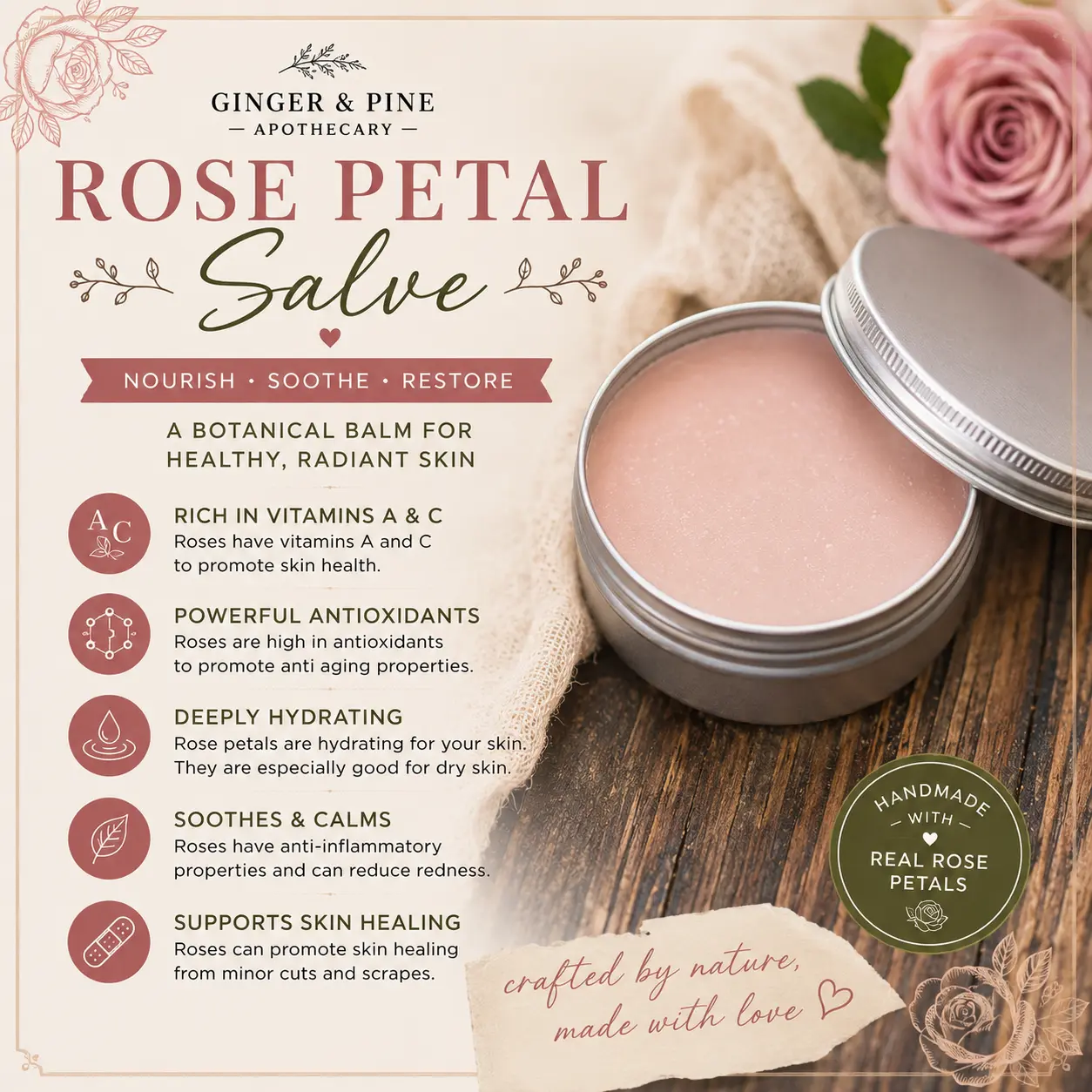 Rose Petal Salve Moisturising Body Balm - Gentle Anti-Oxidant Botanicals Balm for Dry, Sensitive Skin, Redness Relief & Anti-Aging Support for Radiant Complexion, Anti-Oxidant Body Balm