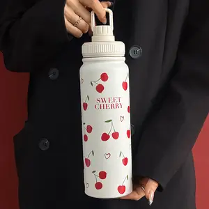 Portable Sweet Cherry Pattern Cup, Leakproof Tumbler, 600ML-800ML-1000ML, Outdoor Sports Water Bottle, Office, Gym, Travel, Gift Idea