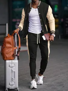 Men's Colorblock Baseball Jacket Set, Casual Slim-Fit Long Sleeve, Travel & Leisure Two-Piece Set, All-Season Plain Pattern