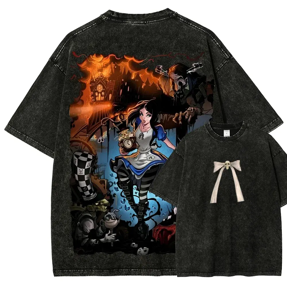 Alice Wonderland Dark Fantasy Graphic Washed T Shirt for Men Women, Gothic Anime Character Print Oversized Streetwear Tee, 100% Cotton Vintage Distressed Short Sleeve Top with Retro Y2K Style, Casual Shirt for Anime Fans,Gothic Lovers,Parties & Festivals