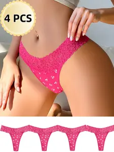4 Pack Women's Comfortable Lace Trim Thong Panties, Hot Everyday Underwear with Cherry Print, Valentine's Day Sexy Lingerie, Floral Lace Panty
