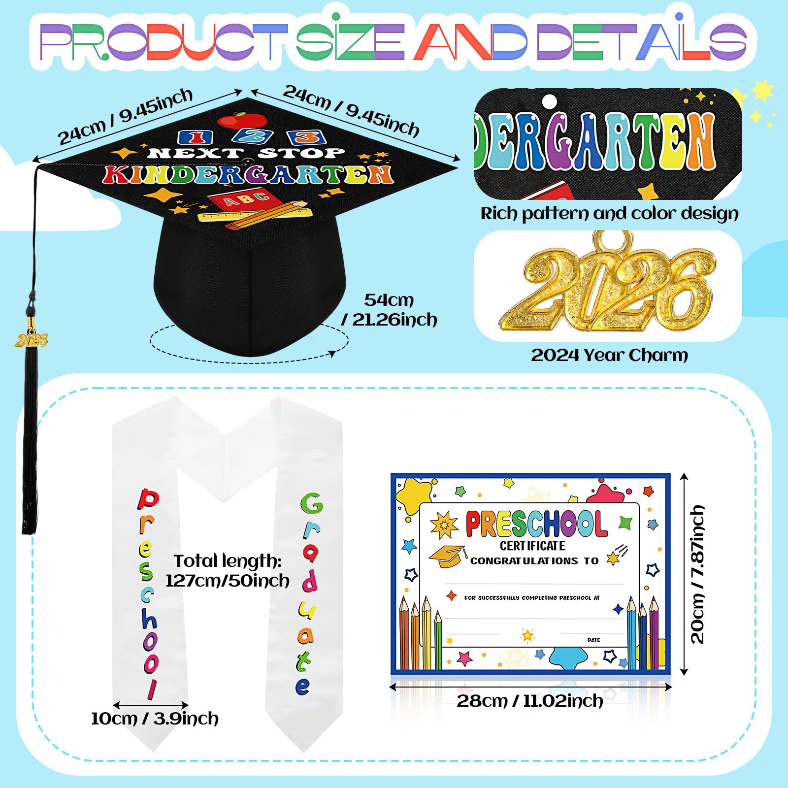 4 pcs Kindergarten Preschool Class Graduation Gown Set Cap Gown Stole with 2026 Tassel and Certificate for Toddler Kids Classmates or Friends Student Graduation School Supplies