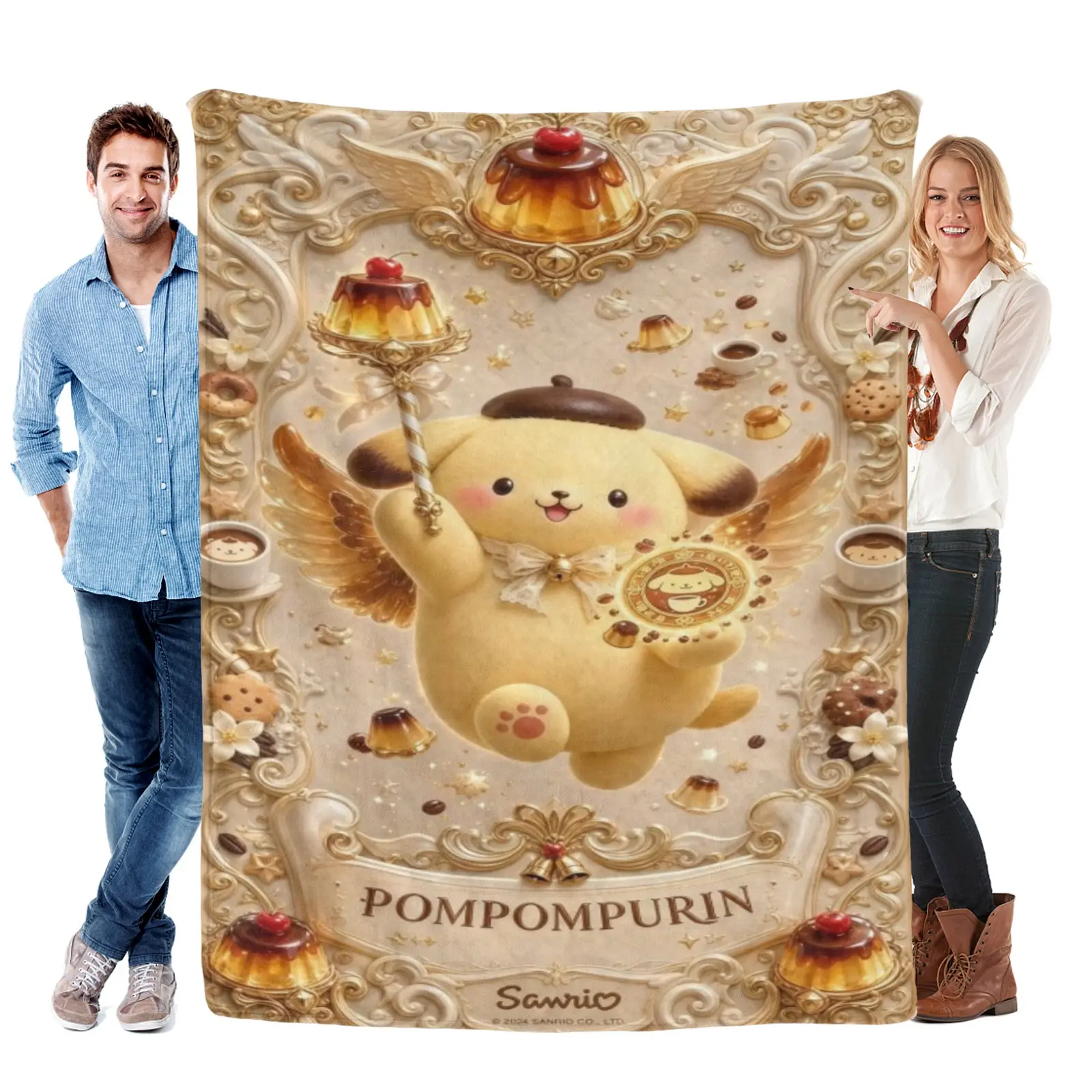 Sanrio Pompompurin Ornate Frame Angel Portrait Blanket, Cozy Fleece Pompompurin Bedding Plush Blanket For Pompompurin Plush Fans