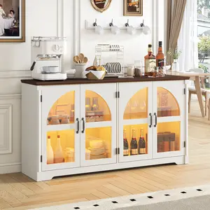 63 Inch Sideboard Buffet Cabinet,Modern Arched Buffet with Led Lights and Glass Doors,Kitchen Buffet Cabinet with Storage Large Curved Cabinets w/Adjustable Shelves for Living Room,Kitchen,White