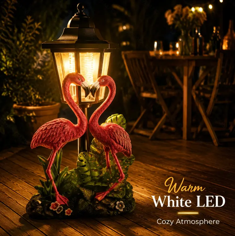 Whimsical Lighted Solar Flamingo Resin Statue - Romantic Heart Design, Adorable Garden Ornament, Outdoor Home Decor, Patio Lamp with Warm LED Light, Charges by Sunlight During the Day, Perfect Gift
