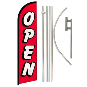 Windless Banner Flag & Pole Kit, 11.5x2.5 ft Red & White Open Polyester Flag with Curved Sleeve, Aluminium-Steel Pole for Outdoor Display, Home Festive Party Backdrops