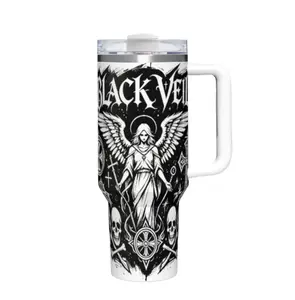 Black Veil Gothic Angel 40oz Tumbler With Handle Skull Cross Print Insulated Stainless Steel Travel Cup Leakproof Spill Proof Lid Reusable Drinkware For Coffee Water Ideal For Home Office Gym Outdoor Activities
