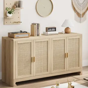 60" Modern Boho Storage Cabinet with Woven Rattan Doors - Adjustable Shelf, Multifunctional TV Stand, Coffee Bar & Entryway Console Table (Oak Brown)