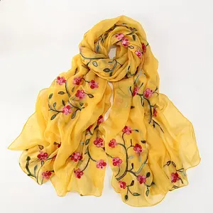 Lightweight Breathable Polyester Elegant Peach Blossom Chiffon Scarf - Embroidered Yellow Floral Design Shawl for Sun Protection & Decoration