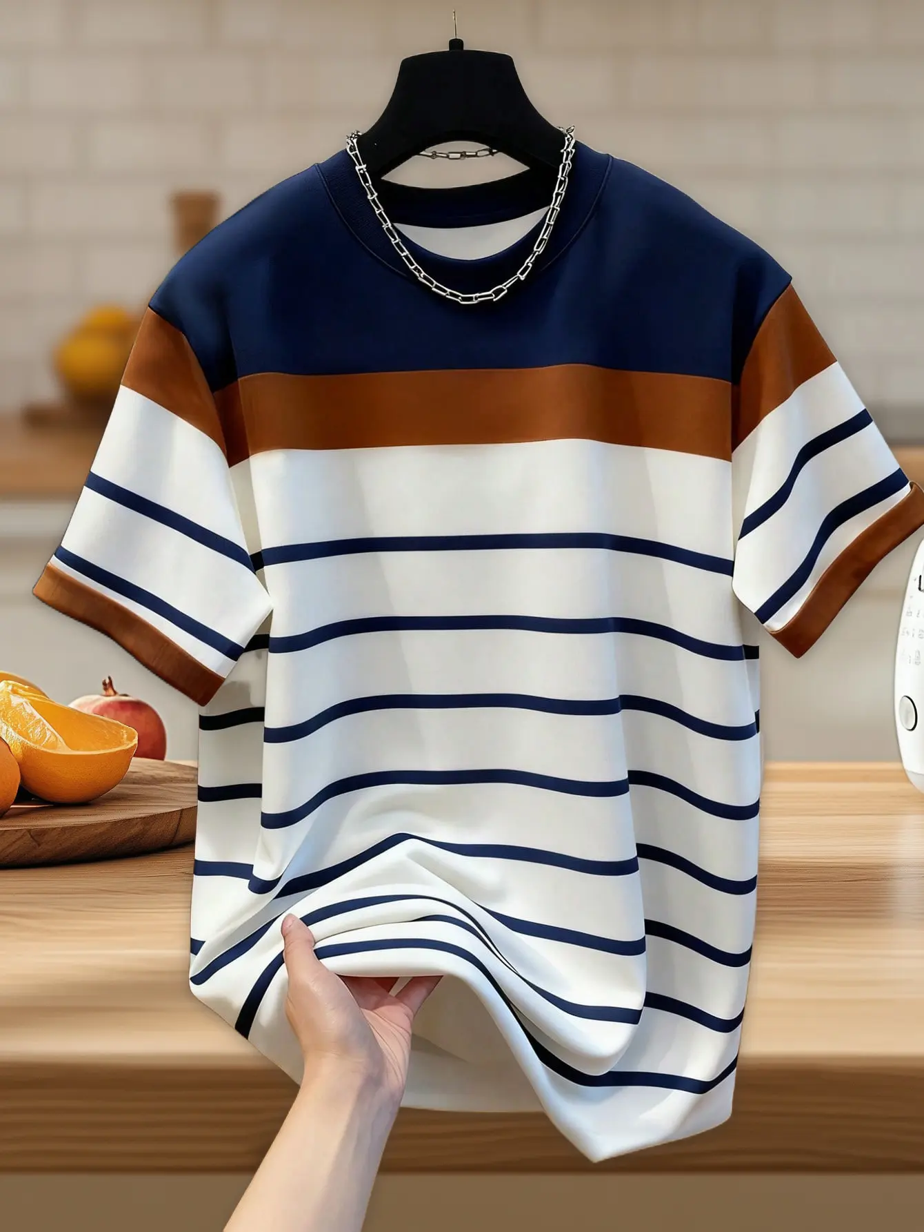 [Printed Design – Not Textured] Comfortable and Breathable Plus-Size Men's Striped Print T-Shirt, Casual Street Fashion Trendy Short-Sleeve Tee, New Summer Crew Neck Top for Sports, Daily Wear, and Holiday Gifts,