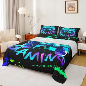 Youth Gaming Sheet Set,Modern Gamer Bedding Set with Deep Pocket Fitted Sheet + Flat Sheet + Colorful Action Buttons Bed Sheet Set for Kids Boys Teens Room Decor