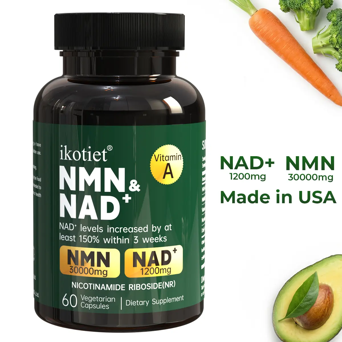 IKOTIET NAD & NMN All Natural Dietary Supplement Capsules - 1000mg per Serving, Filler-Free, 500mg Pure NMN, 10 Key Ingredients (Vitamin A, Resveratrol, CoQ10) for Fitness & Metabolism Support, All Natural Supplement