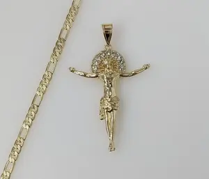 Plated Cross 4mm 14K Diamond Cut Figaro Chain Necklace