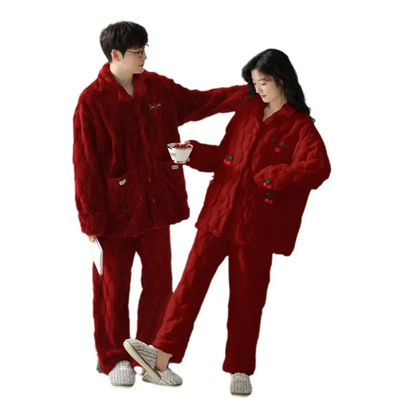 Couples Matching Pajama Set, Comfortable Coral Fleece Thermal Sleepwear, Long Sleeve Top & Pants for Men and Women
