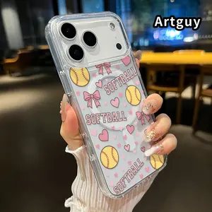 Softball Love Flair Pattern Magnetic Phone Case for iPhone 17 16  Pro Max Plus 15 14 13 12 11 Air E Anti-Yellowing Shockproof Lightweight Transparent Acrylic Large Hole Soft Cover Supports Wireless Charging