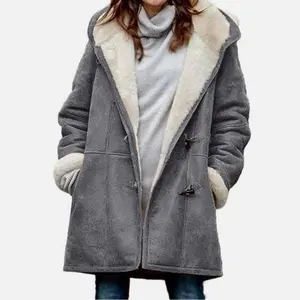 Womens Fleece Lined Hooded Long Coat Overcoat Winter Warm Parka Jacket Outwear with Pockets and Button Closure