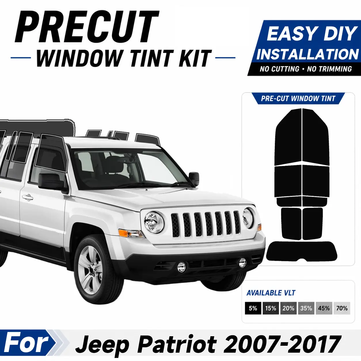 Precut Window Tint Film for Jeep Patriot 2007-2017 All Side+Rear Windshield Any VLT 2Ply Anti-Shatter, UV Block, Privacy Protection, No Trimming Needed,Heat & Glare Reduction
