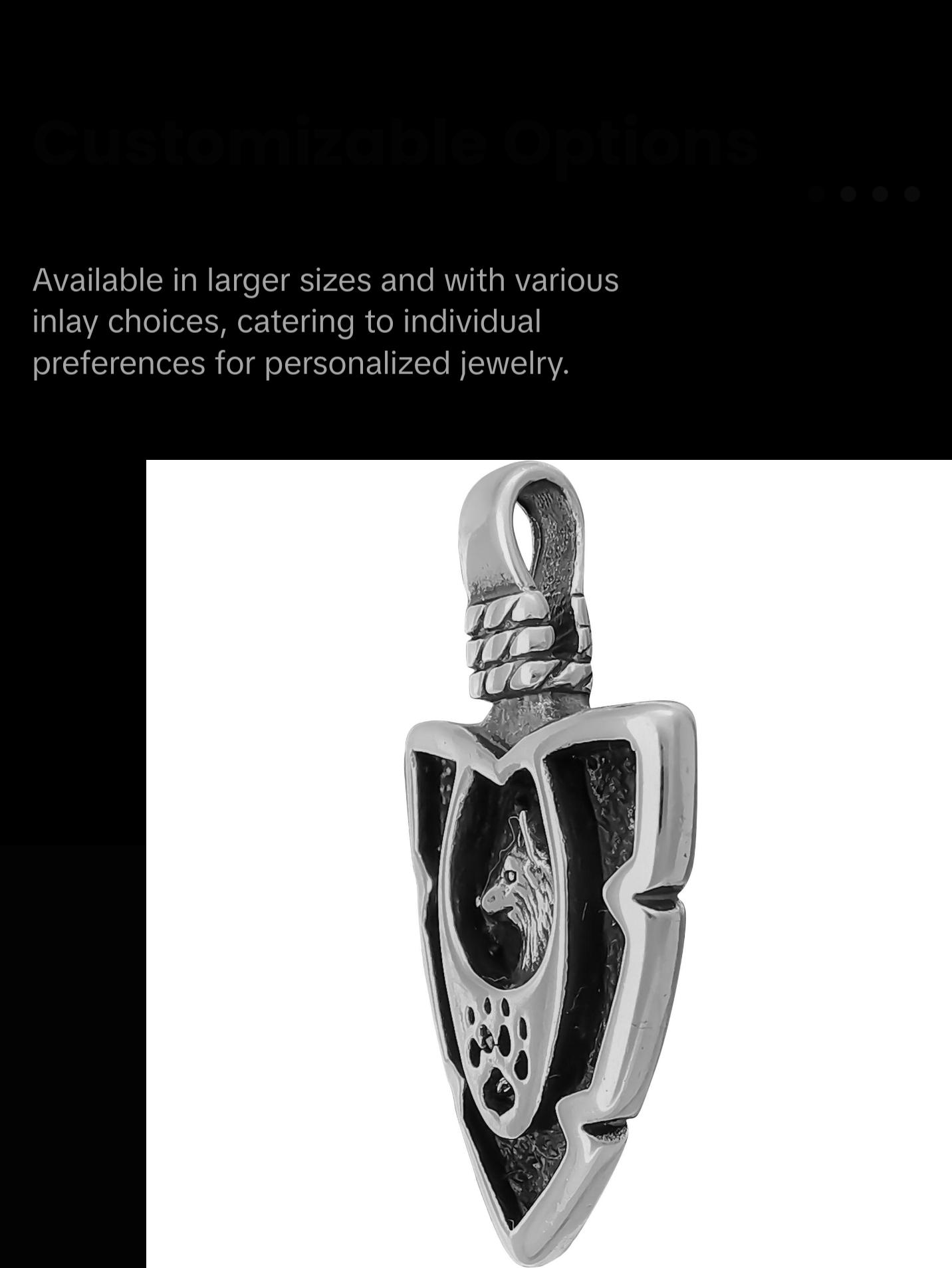 Wolf Pendant, Arrowhead pendant, no Inlay, 925 Sterling Silver