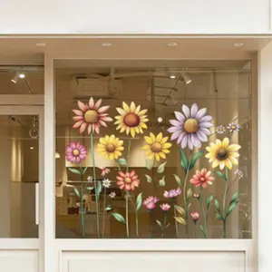 Sunflower Pattern Static Cling Window Sticker, 1 Sheet Double Sided Printed Window Decal, Decorative Sticker for Home Living Room Bedroom