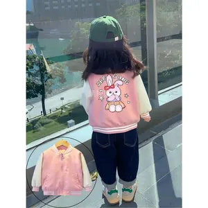 New1pc Girls' Cute Bunny & Hearts Print Colorblock Baseball Jacket with Plush Lining - Loose Fit Spring/Fall Outerwear, Pink & White Contrast Collar, Soft Polyester Jacket for School, Sports & Casual Outfits (Cartoon Rabbit Lettering Design), Girl School
