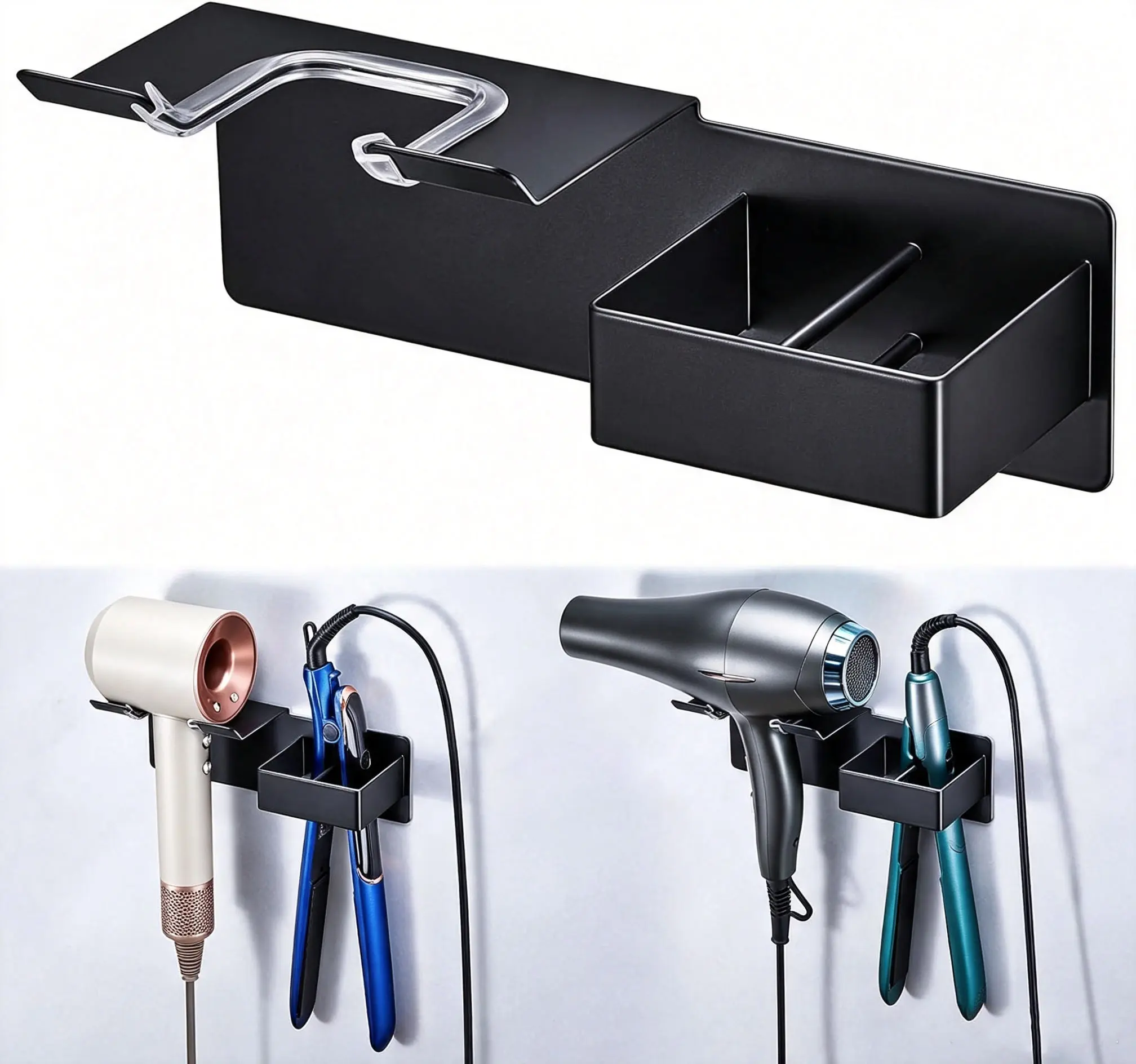 2026 Upgraded 2-in-1 Universal Hair Dryer Holder,  Hair Tool Organizer, Metal Blow Dryer Holder Wall Mounted/Over Cabinet Door/Adhesive/Drilling
