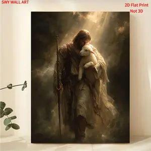 2D Flat 1 Piece Jesus and the Lamb Good Shepherd Wall Art - Multi-Size Framed Religious Scripture Print, LDS Church Decoration, Ready-to-Hang Wrapped Canvas, Suitable for Church, Prayer Room - Symbol of Jesus Leading the Lost Lamb, Perfect for Room D