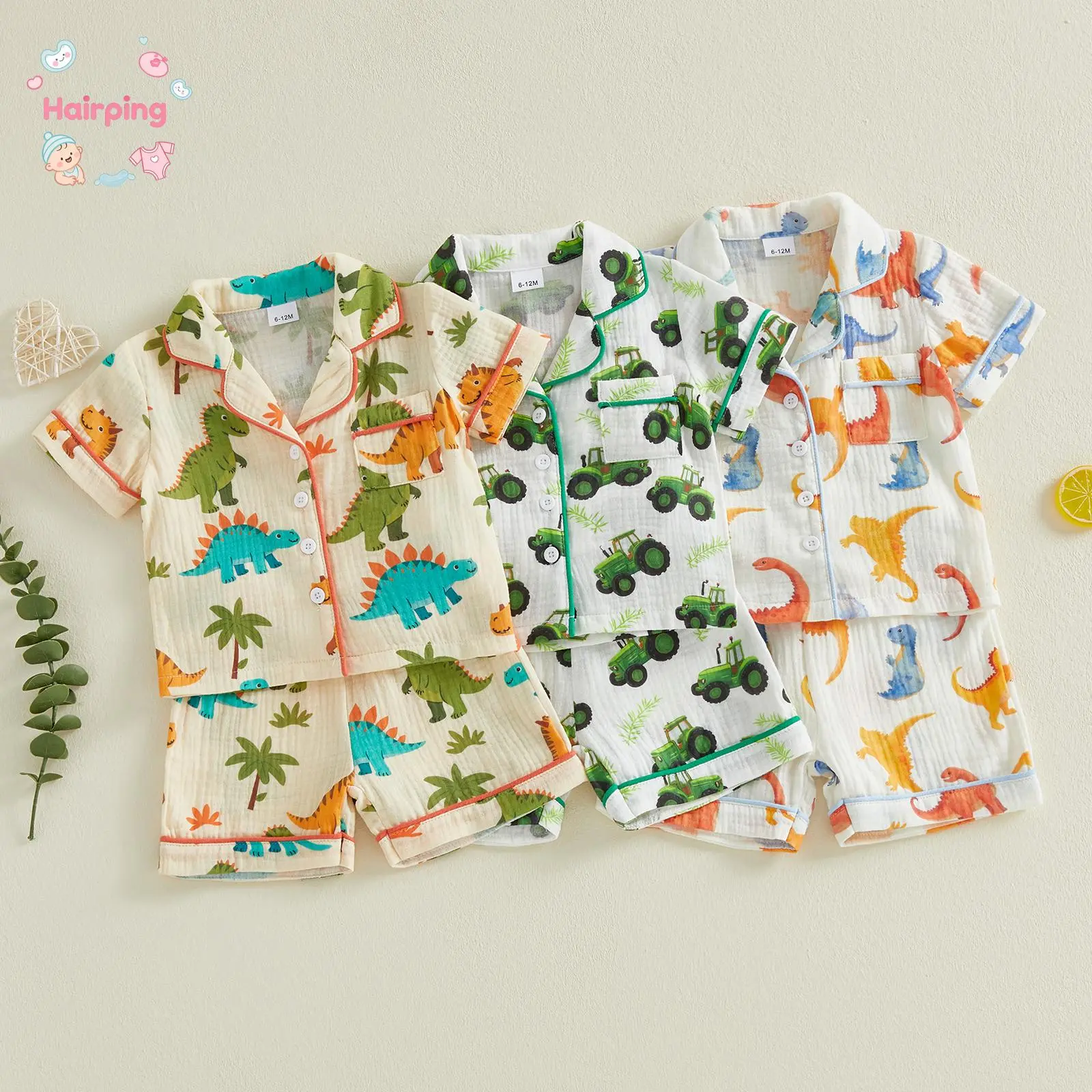 Toddler Boys' Short Sleeve Pajama Set, Dinosaur/Tractor Print Cotton Muslin PJs 2-Piece Breathable Sleepwear Cute Kids Summer Nightwear