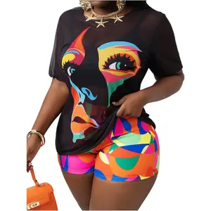Women's Plus Size 3-Piece Tankini Swimsuits Set, High-Waisted Shorts Bathing Suit with Graphic Design & Mesh Cover Up for Beachwear, Plus Size Swimsuits