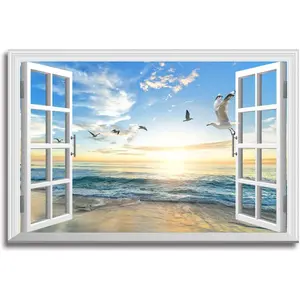 Beach Pictures Canvas Wall Art Fake Open Window Ocean Seagull Birds Blue Natural Scene Landscape for Living Room Decor 36 x 24